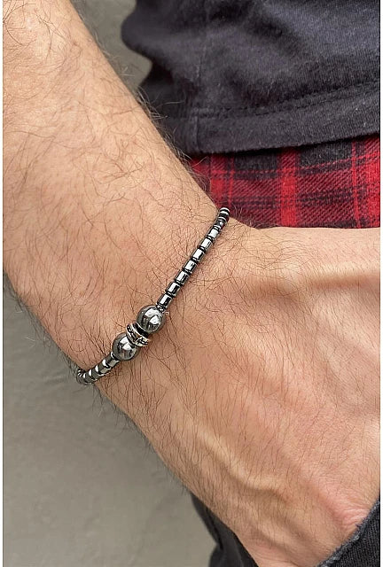 Smoked Hematite Bead Bracelet – Leather Edition